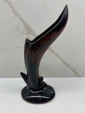 Vintage MCM Ceramic Bird of Paradise Bud Vase Black Red Orange Drip Glaze